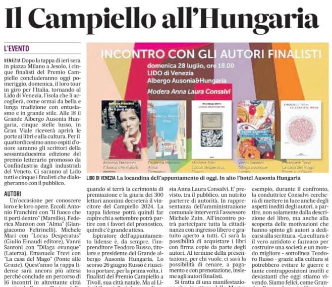 Articolo de Il Gazzettino sul Premio Campiello al Grand Hotel Ausonia Hungaria